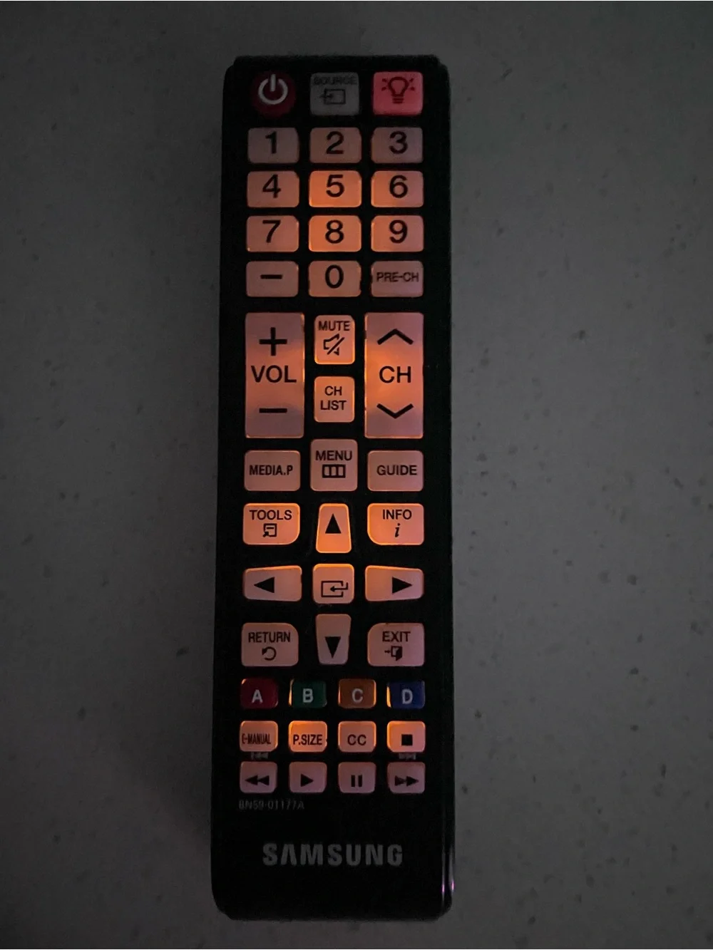 Samsung Remote Control — Black with Orange Backlight (model UN32J400)